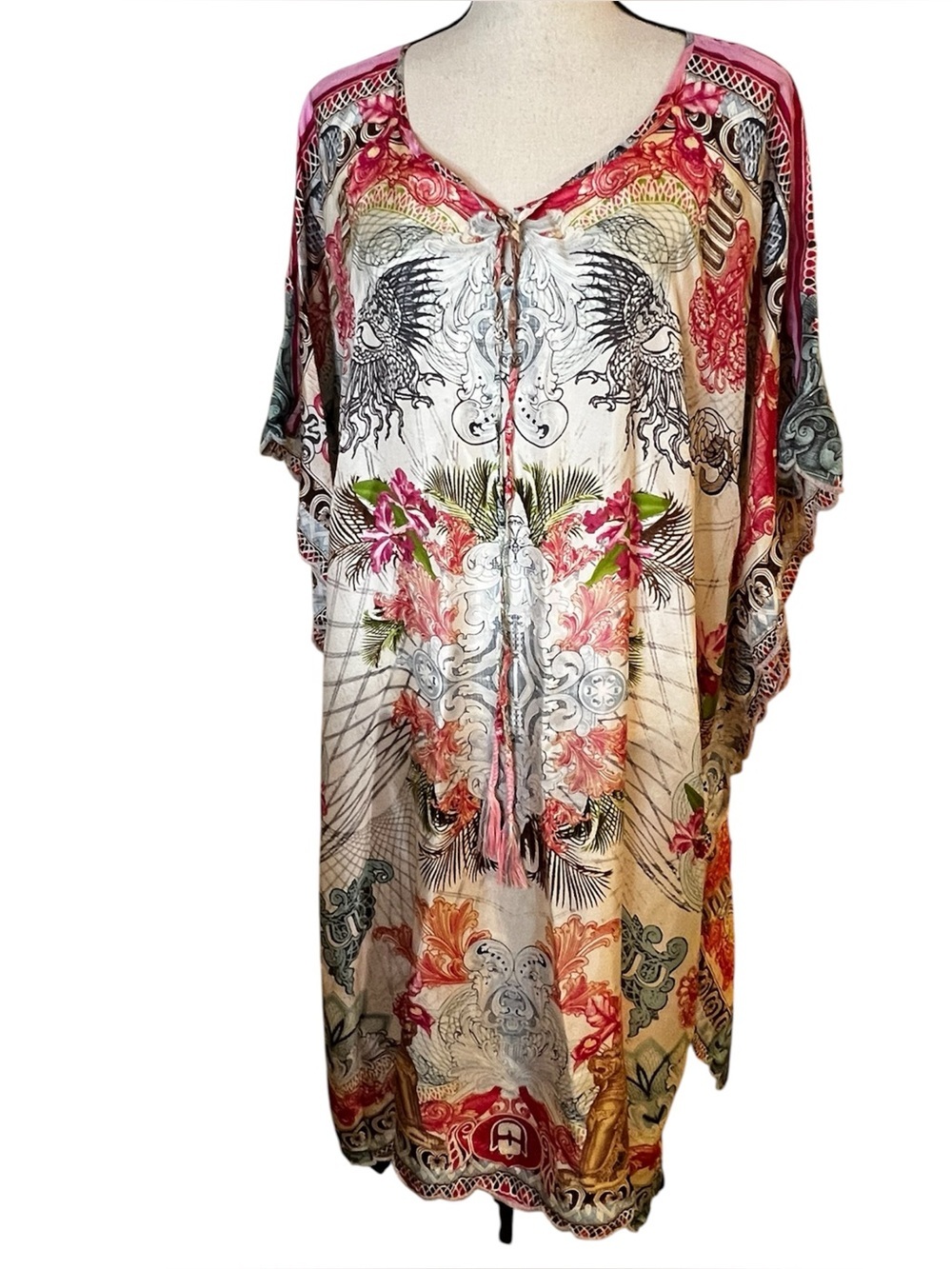 Johnny Was Red and Cream Printed Silk Kaftan Sz-OS